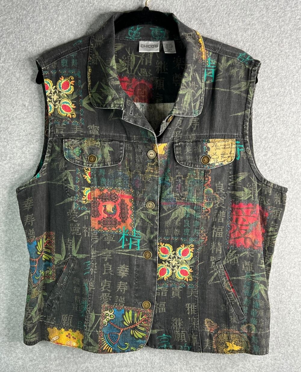 Chico's Linen Cotton Vest Womens XL Size 3 Graphic Dark Wash Button Front Pocket